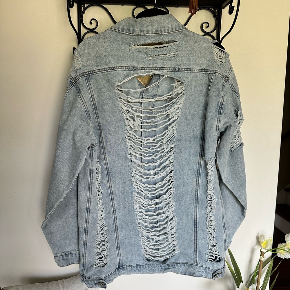 Umgee Light Blue Distressed Denim Jacket Oversized - Picture 4 of 7